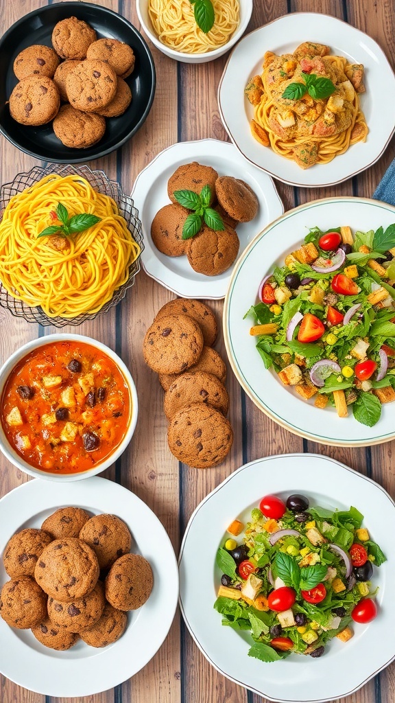 Comprehensive Recipe Page A colorful assortment of spaghetti carbonara, chocolate chip cookies, and salads on a wooden table.